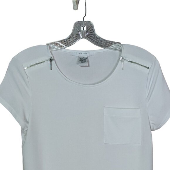 GRACE Round Neck Zipper Enhanced Short Sleeve Stretch Top White Size Small - Picture 3 of 9